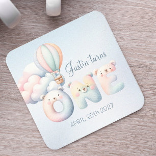 Dessous-de-verre Carré En Papier Baby boy 1er anniversaire nounours montgolfière