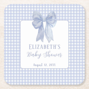 Dessous-de-verre Carré En Papier Baby Shower à thème bleu poussiéreux à carreaux