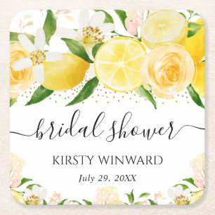Dessous-de-verre Carré En Papier Baby Shower aquarelle Citrons et Fleurs de Mariée