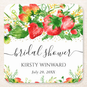 Dessous-de-verre Carré En Papier Baby Shower aux fraises et fleurs à l'aquarelle