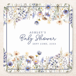 Dessous-de-verre Carré En Papier Baby shower d'aquarelle Boho Fleur sauvage bleu
