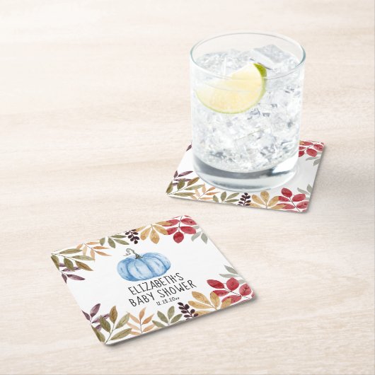 Dessous-de-verre Carré En Papier Baby shower d'automne Citrouille bleu (En situation)