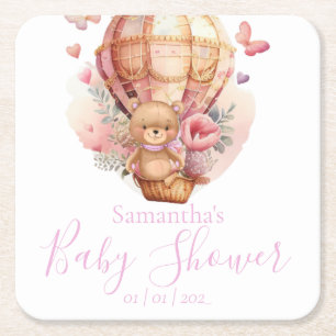 Dessous-de-verre Carré En Papier Baby shower de ballon à air chaud Teddy Bear rose