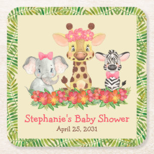 Dessous-de-verre Carré En Papier Baby shower de Girafe Elephant et Zebra Girl Safar