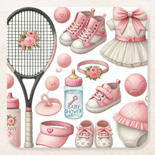 Dessous-de-verre Carré En Papier Baby shower de tennis sur le thème Girl Pink