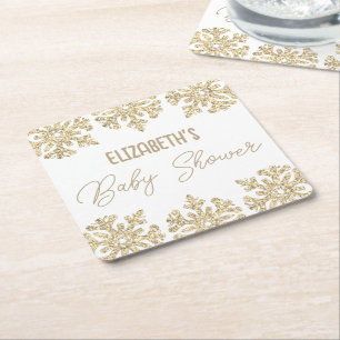 Dessous-de-verre Carré En Papier Baby shower d'hiver Gold Snowflake