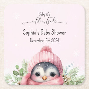 Dessous-de-verre Carré En Papier Baby shower d'hiver Pingouin Rose