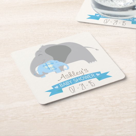 Dessous-de-verre Carré En Papier Baby shower Eléphant Bébé Plaid Bleu (Incliné)
