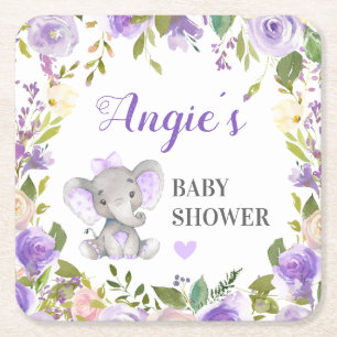 Dessous-de-verre Carré En Papier Baby Shower Fille Éléphant Lavande Floral Verre
