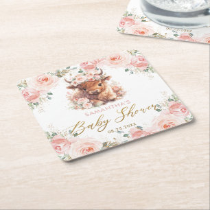 Dessous-de-verre Carré En Papier Baby Shower Fleur Rose Douce Vache Highland Fluffy
