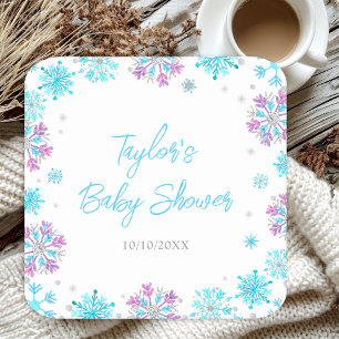 Dessous-de-verre Carré En Papier Baby Shower Flocons de Neige Violets et Bleus