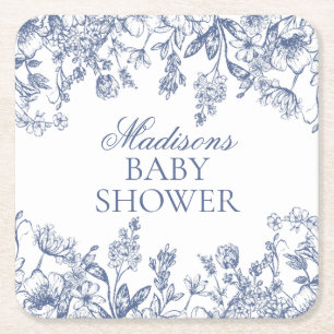 Dessous-de-verre Carré En Papier Baby Shower Floral Vintage Chinoiserie Bleue