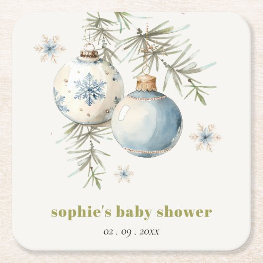 Dessous-de-verre Carré En Papier Baby shower Garçon de Noël Bleu Minimal d'hiver (Devant)