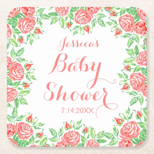 Dessous-de-verre Carré En Papier Baby shower Girly de roses roses (Devant)
