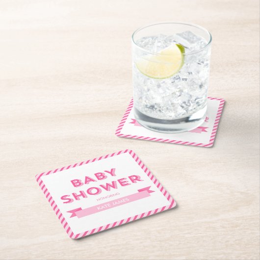 Dessous-de-verre Carré En Papier Baby shower moderne à rayures roses (En situation)