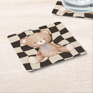 Dessous-de-verre Carré En Papier Baby shower Ours à l'heure du déjeuner en damier