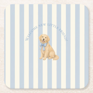 Dessous-de-verre Carré En Papier Baby Shower Retriever doré Bleu Golden