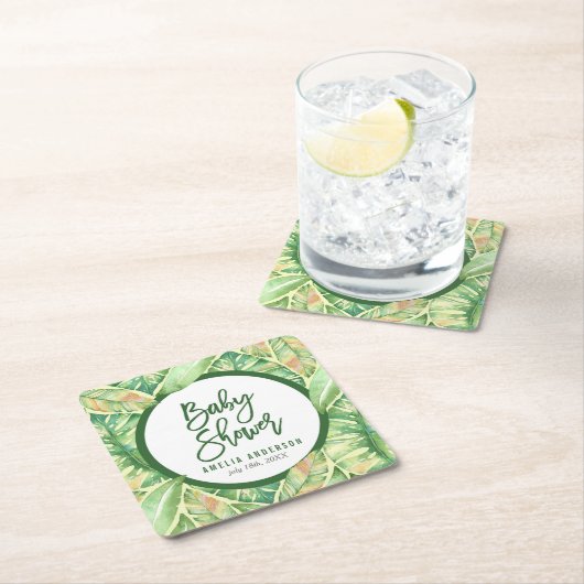 Dessous-de-verre Carré En Papier Baby shower tropical Feuille vert (En situation)