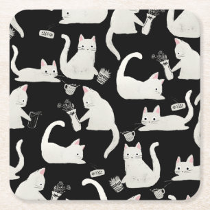 Dessous-de-verre Carré En Papier Bad Cats Knocking Stuff Over, White Cats on Black
