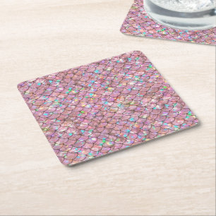 Dessous-de-verre Carré En Papier Balances de poissons de sirène rose Holographique