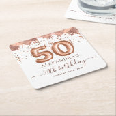 Dessous-de-verre Carré En Papier Ballons d'or rose 50e fête d'anniversaire (Incliné)