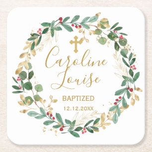 Dessous-de-verre Carré En Papier Baptême Bébé Vert Gold Foliage