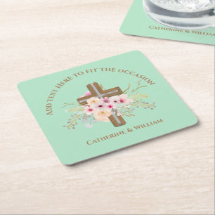 Dessous-de-verre Carré En Papier Baptême personnalisé et croix florale