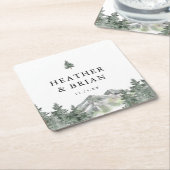 Dessous-de-verre Carré En Papier Bar Mariage de la forêt d'hiver (Incliné)