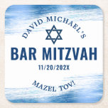 Dessous-de-verre Carré En Papier Bar Mitzvah Blue Foil Marine Typographie moderne B<br><div class="desc">Soyez fier, réjouissez-vous et présentez cette étape importante de votre Bar Mitzvah préféré ! Célébrez avec ce dessous de verre papier personnalisé, audacieux, étonnant, simple, moderne et simple. Faux traits de pinceau bleu clair métallique, typographie bleu marine et une étoile bleu marine de David superposent un arrière - plan blanc...</div>