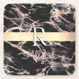 Dessous-de-verre Carré En Papier Barre en or Marbre Noir et Or Rose, Monogramme de 