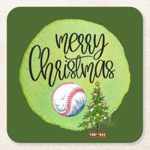 Dessous-de-verre Carré En Papier Baseball Joyeux Noël avec balle et arbre 