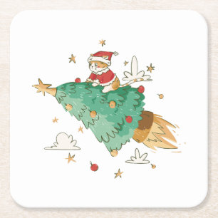 Dessous-de-verre Carré En Papier Bateau de Noël volant Père Noël Tree