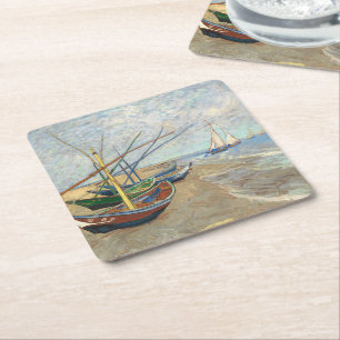 Dessous-de-verre Carré En Papier Bateaux de pêche sur la plage par Vincent Van Gogh