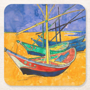 Dessous-de-verre Carré En Papier Bateaux de Van Gogh Impressionnisme Plage