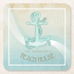 Dessous-de-verre Carré En Papier Beach House Ancre nautique et corde Aqua ID623