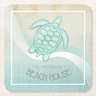 Dessous-de-verre Carré En Papier Beach House Tortue nautique Aqua Blue ID623