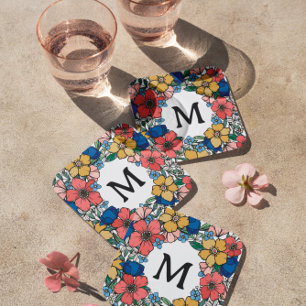 Dessous-de-verre Carré En Papier Beau corail bleu jaune Floral Monogramme