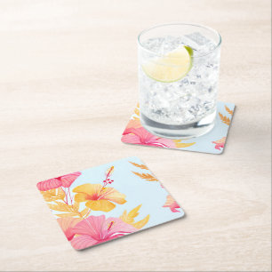 Dessous-de-verre Carré En Papier Beau Hibiscus Aquarelle de fleur tropicale