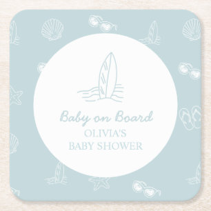 Dessous-de-verre Carré En Papier Bébé à bord doodle Planche de surf Fête bébé plage