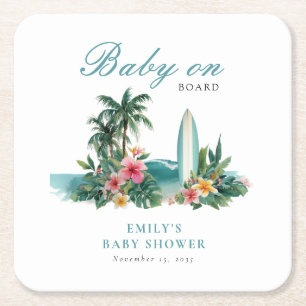 Dessous-de-verre Carré En Papier Bébé à Bord Surf Baby Shower Plage
