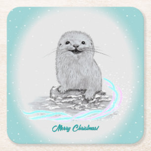Dessous-de-verre Carré En Papier Bébé loutre de mer blanche mignonne, Joyeux Noël