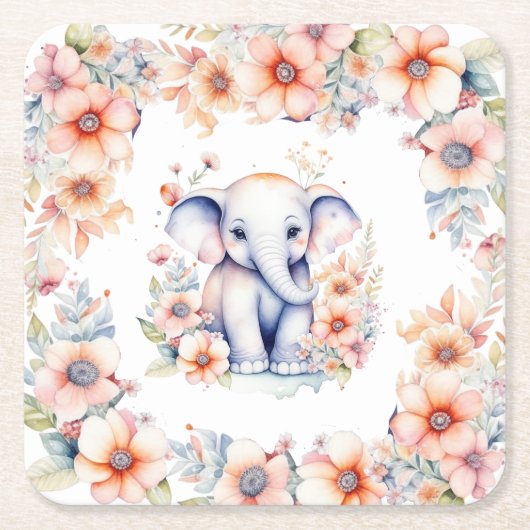 Dessous-de-verre Carré En Papier Bébé mignon Baby shower de fille d'éléphant (Devant)
