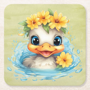 Dessous-de-verre Carré En Papier Bébé mignon Canard Canards Fleurs d'animaux amusan