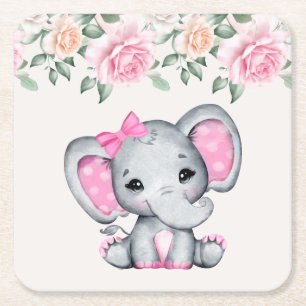 Dessous-de-verre Carré En Papier Bébé rose mignon éléphant et frontière Rose