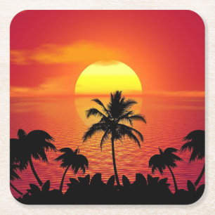 Dessous-de-verre Carré En Papier Belle Coucher de soleil Scène Palmiers Cool lumine