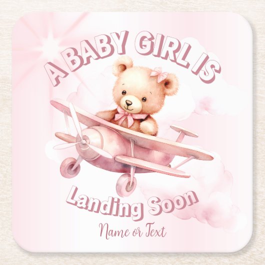 Dessous-de-verre Carré En Papier Belle fille Bébé Ours Pilote Avion Rose Belle (Devant)