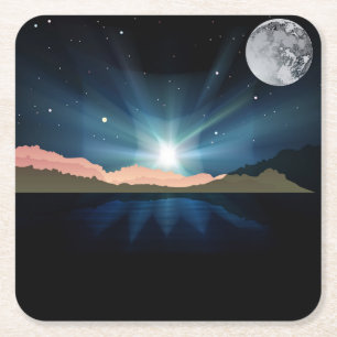 Dessous-de-verre Carré En Papier Belle Lune sur le Dessous de verre de montagne