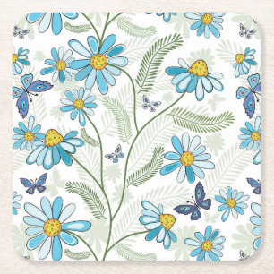 Dessous-de-verre Carré En Papier Belle main dessinée Pastel Blue Floral Pattern