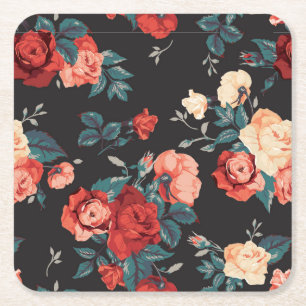 Dessous-de-verre Carré En Papier Belles roses rouges et pêche dessinées à la main