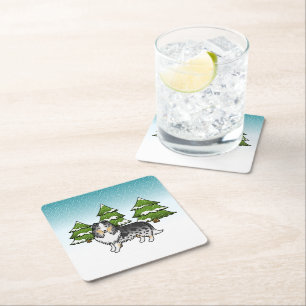 Dessous-de-verre Carré En Papier Berger des Shetland Blue Merle dans une forêt hive